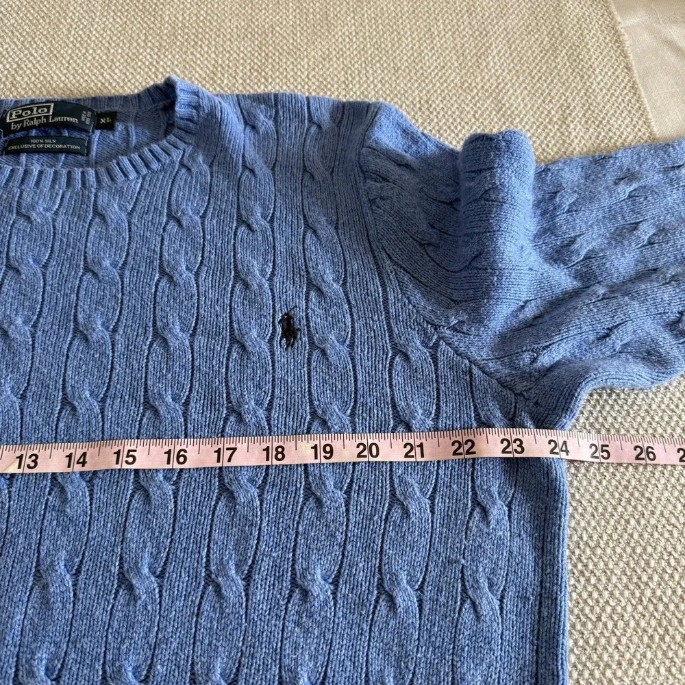 VTG 90s Mens L Blue Polo Ralph Lauren 100% Silk Cable Knit Sweater Blue Pony